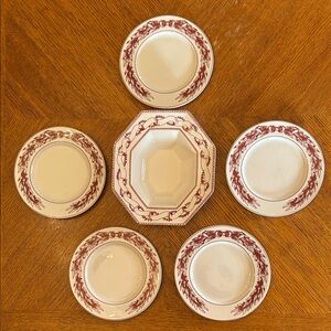 Ballard Designs Red Ribbon Ceramic Bowl 
And Plates Set